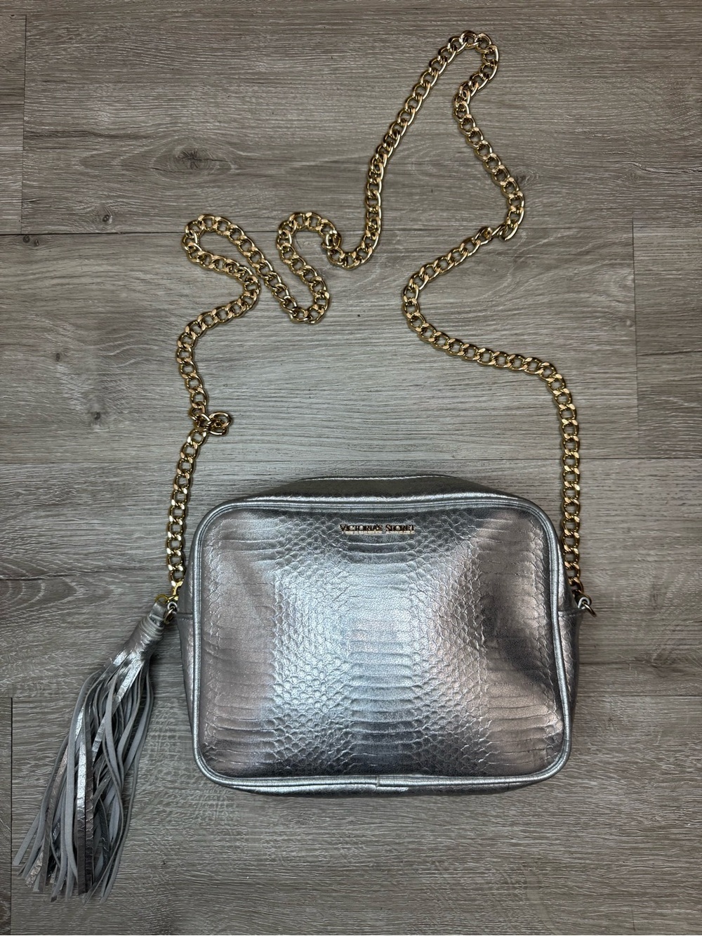 Silver Metallic Snake Embossed Crossbody Bag Chain Strap Tassel Purse Shoulder - Picture 1 of 7